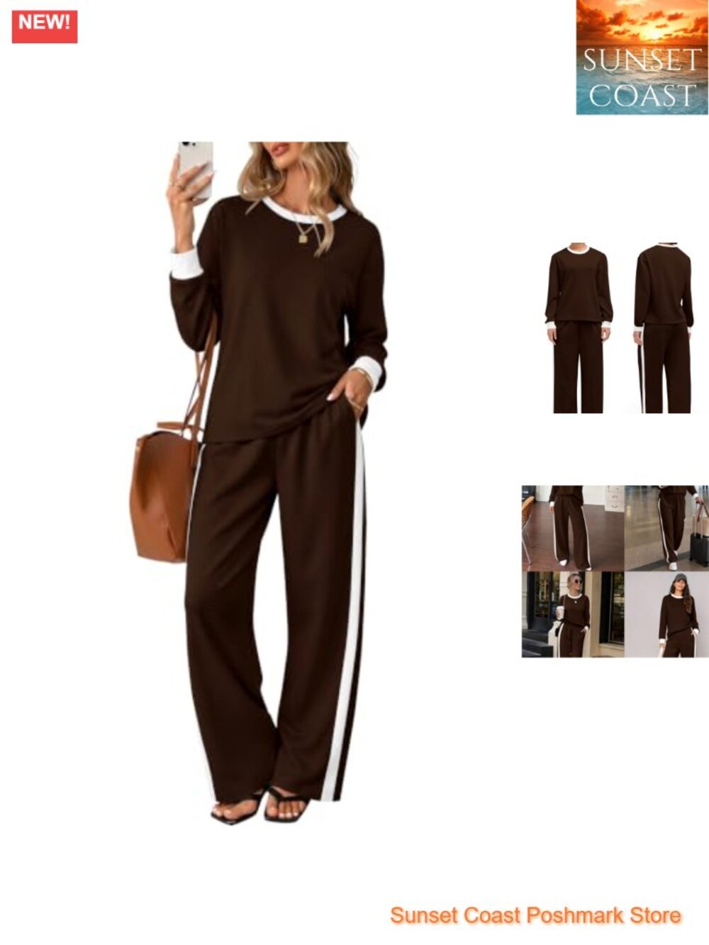 Two Piece Lounge Set Sweatsuit Long Sleeve Crewneck Wide Leg Pants